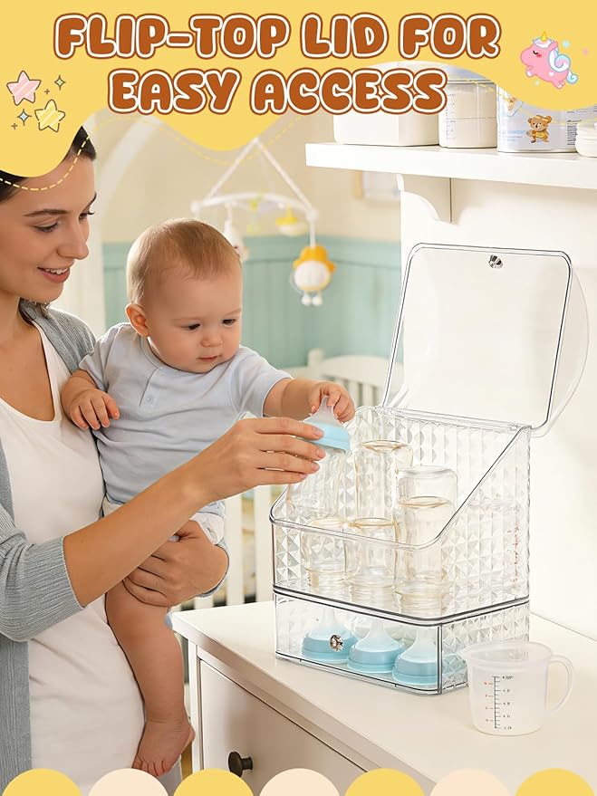 Flip-top Baby Bottle Organizer for 6 to 8 Bottles - Easy to Access, Space-Saving Clear Stackable Storage Drawers Baby Bottle Station for Kitchen Countertop Cabinet Nursery