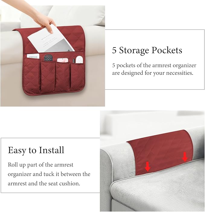 Armchair Caddy Couch Caddy, Remote Control Holder, Non-Slip Sofa Armrest Organizer, Couch Organizer with 5 Pockets, for Cell Phone TV Remote Holder Magazines (RED)