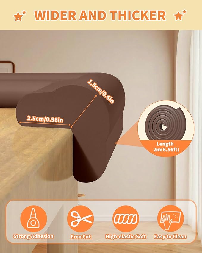 QYV Edge Corner Protector Baby Proofing, 6.56FT 0.6'' Thicken L-Shape Furniture Fireplace Safety Bumper Guard with 6 Corners, Pre-Taped, Soft NBR Rubber Foam, Table Edge Protector for Baby (Coffee)