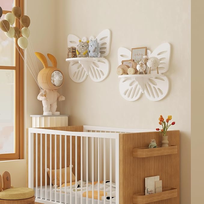 Beskadi White Butterfly Shelves 2 Tier - Nursery Wall Deor Floating Shelf, Cute Wall Display Rack for Kid’s Room, Small Decorative Shelf Wall Mounted, Hanging Wall Shelf for Toys, Plants Storage.
