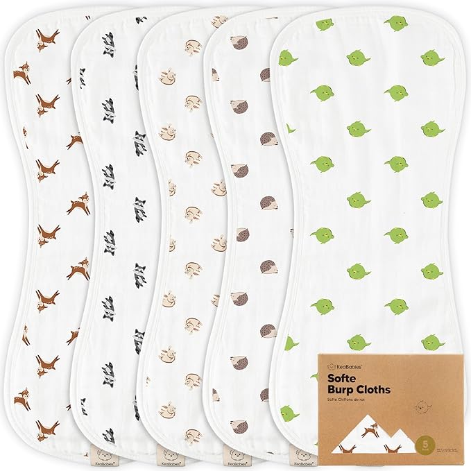 5-Pack Muslin Burp Cloths Baby Boy, Girl - Very Absorbent Baby Burp Cloth Rags, 8-Layers Viscose Derived from Bamboo Cotton Muslin Towel, Super Soft Spit Up Rags, No Shrink Washcloths (KeaFriends)