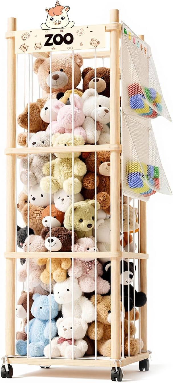 Nynicorny Stuffed Animal Storage Zoo Tower, Wooden Toy Organizer with Wheels, 56inch Large Cute Stuffy Holder & Plushie Storage Bag, Premium Wooden Material For Toddler Rooms, Playrooms & Bedrooms