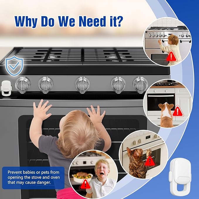 Stove Knob Safety Covers for Child (5 + 1 Pack), Upgraded Universal Size Press Gas Stove Knob Covers with Adhesive, Heat-Resistant Childproof Oven Locks for Kids and Pets (Clear)
