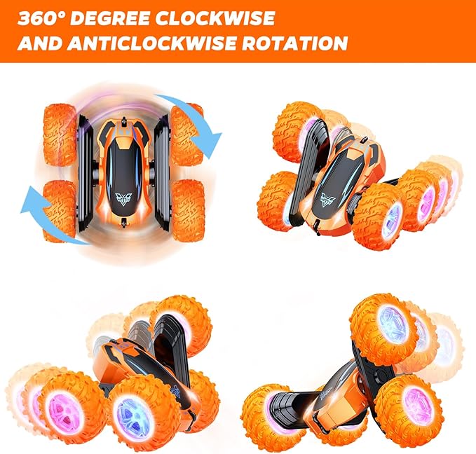 Remote Control Car, 2.4GHz Electric Race Stunt Car, Double Sided 360° Rolling Rotating Rotation, LED Headlights RC 4WD High Speed Off Road Gift for 3 4 5 6 7 8-12 Year Old Boy Toys (Orange)