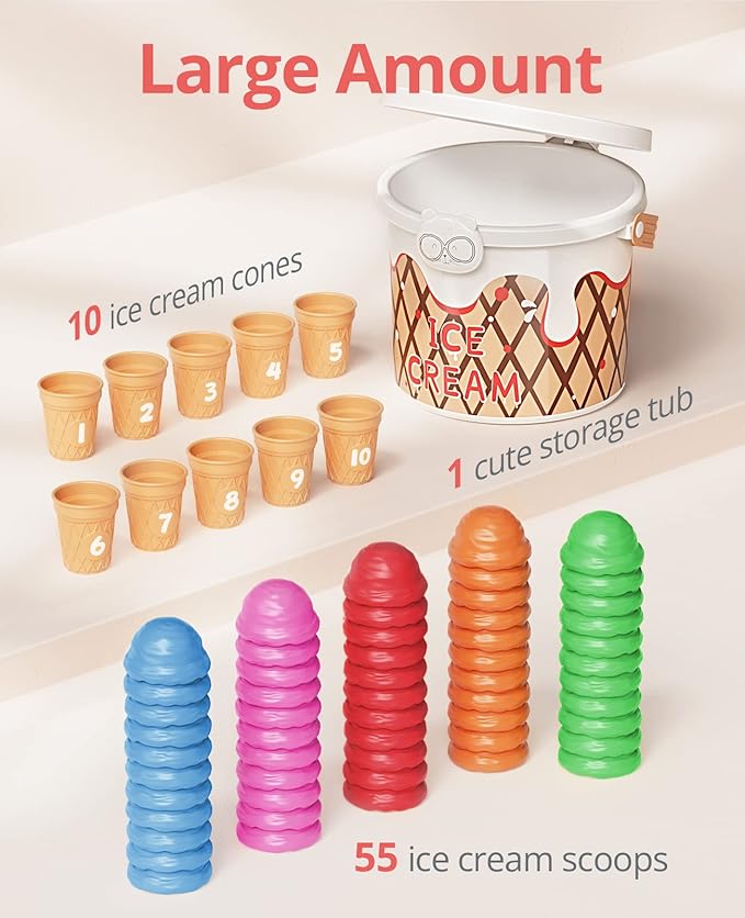 JoyCat Ice Cream Preschool Learning Activities Counting and Color Sorting Set Stacking Toys for Kids 3-5, Educational Fine Motor Skills Toys, 65PCS Math Manipulatives Resources Food for Valentine Gift