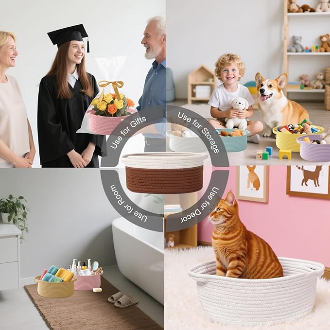 Small Woven Rope Basket-Empty Gifts Basket with Bag and Ribbons,Cute Handle Organizer Box for Birthday/Baby Shower, Toy Storage, Nursery Organizing & Shelf Decor(White&Brown)
