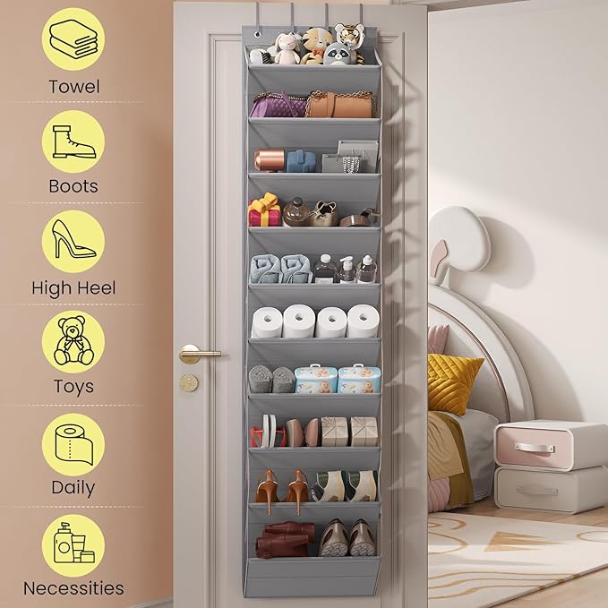 Mefirt 10 Tier Clear Over the Door Shoe Organizer with Deep Pockets, Door Shoes Rack with Hard Tube to Keep the Shape, Hanging Shoe Rack for Closet Organizers & Storage, Behind Door Shoe Holder Grey