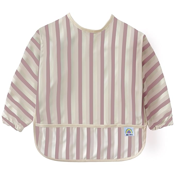 ARI MES Long Sleeves Waterproof Baby Bibs for Eating - Pink Stripes, Small - Wearable, Coverall for Toddler, Long Sleeve Bib, Smock Apron for Feeding - Applicable for 6-72 Months