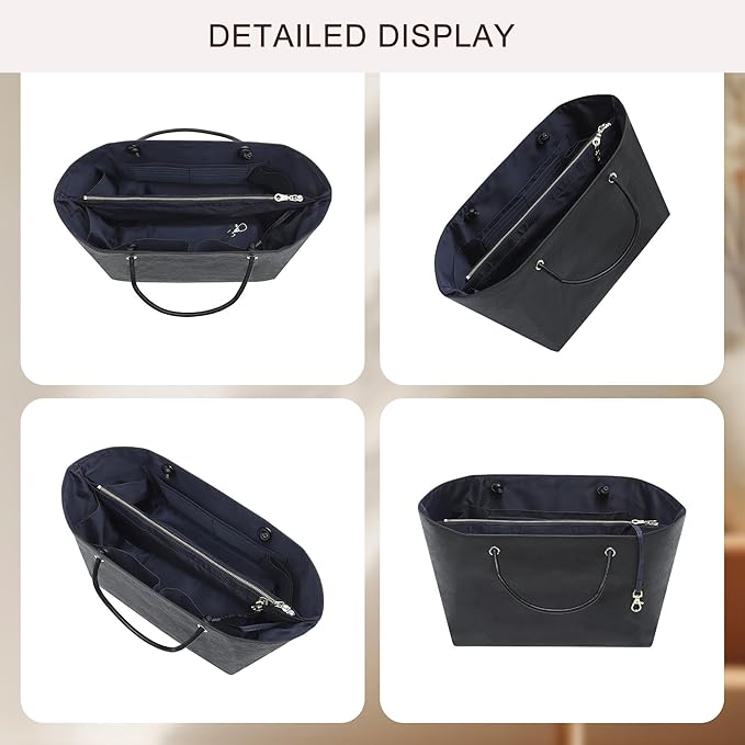 Doxo NEW Purse Organizer Insert for Longchamp LePliage Large,Fixed Handle, Bag Shaper with Key Leash& 16 Compartments, Upgraded Elastic Cup Holder(Black&Blue, L)