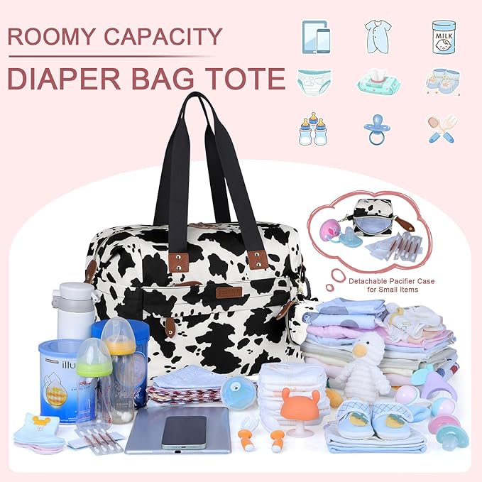 Pritent Diaper Tote - Baby Bag with Pacifier Case, Shoulder Straps, Stroller Clips, Waterproof Large Mommy Maternity Travel Bag for Mom and Dad, Cow Print