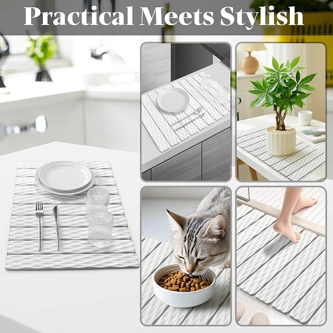 Large Stone Dish Drying Mats for Kitchen Counter, 24"(L)×16"(W) Wave - Pattern, Fast Drying Collapsible Dish Drying Mat, Eco-Friendly Absorbent Diatomaceous Earth Mats for Match Any Countertop