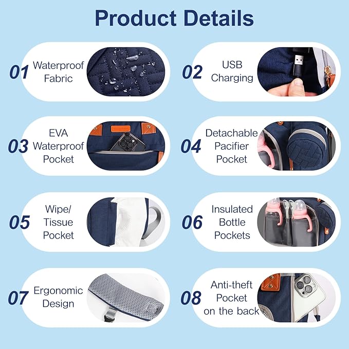 JOYCE Baby Diaper Bag Backpack, with Diaper Changing Station, Multi-functional Travel Waterproof Backpack, for Baby Boys and Girls, with Foldable Portable Diaper Pad and Sunshade (Large Blue)