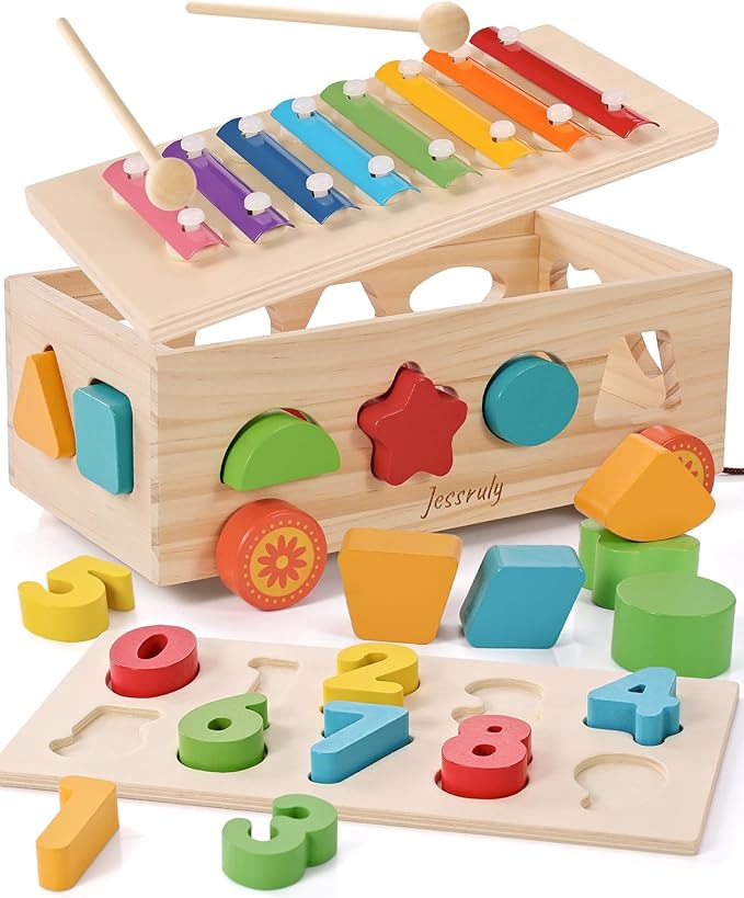 Jessruly Shape Sorter - Wooden Xylophone and Montessori Number Puzzle Set for Babies - Educational Sorting Game with Storage Car for Toddlers