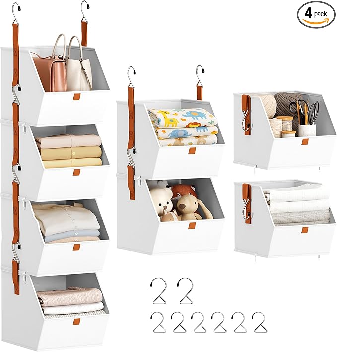 Homsorout Hanging Closet Organizer 4 Tier - Clothes Hanging Shelves, Space-Saving Closet System, Fabric Storage Bins Bedroom Organization, Collapsible Baskets for Home, Dorm, Rv, White