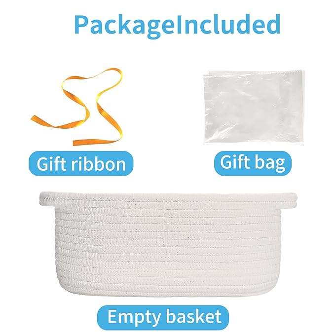 ABenkle Small Basket with Gift Bags and Ribbons, Empty Gift Baskets, Decorative Boho Rope Woven Nursery Storage Organizer Toy Baskets with Handle for Baby Showers, 12"X 8" X 5", White
