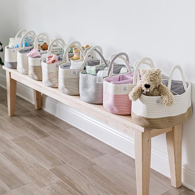 OrganiHaus Nursery Storage Basket, Cotton Rope Toy & Diaper Caddy Organizer with Handles, Baby Diaper Organizer, Foldable Design, Machine Washable, Ideal for Baby Room & Laundry - Stitches Rainbow