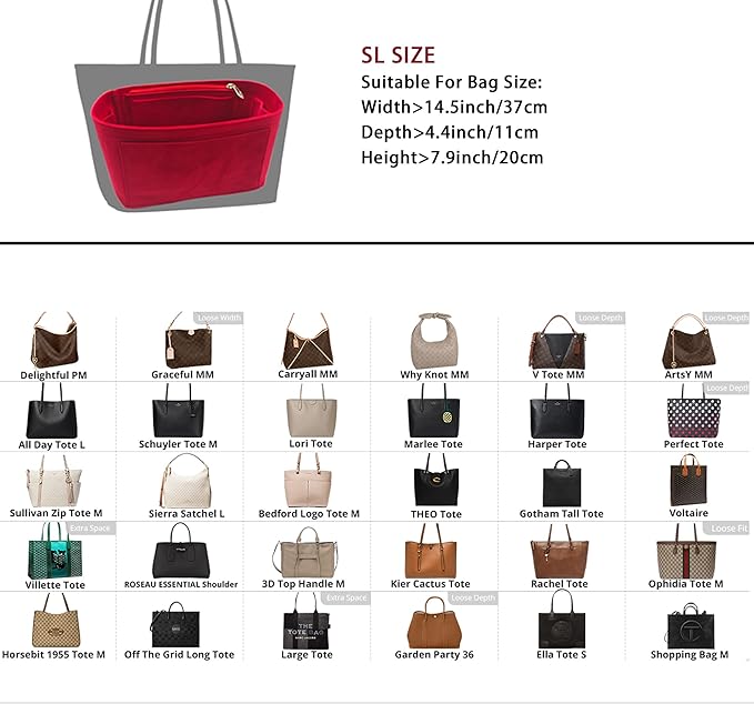 Purse Organizer Insert, Suede Bag Organizer Handbag Tote Shaper, Suede Material, Soft and Non Damaging Bag (Slender Large,Red)