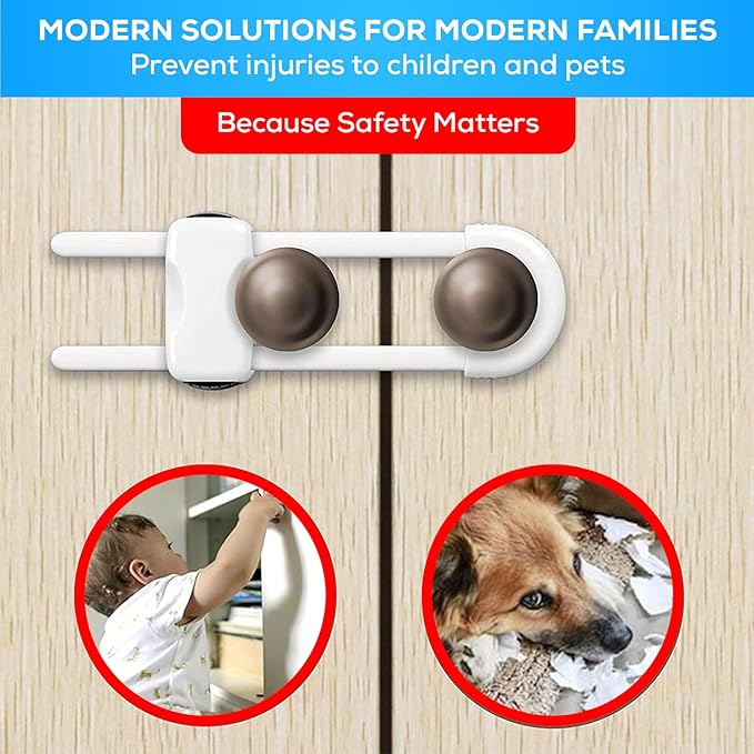10 PACK Child Proof Cabinet Locks Set, Baby Proofing Adjustable U-Shaped Sliding Locks For Cabinets, Drawers, Closets, Cupboard Handles And Door Knobs. Easy to Use Perfect For Baby Safety (White)