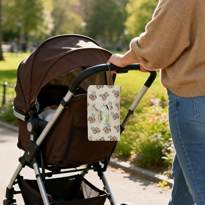 Quilted Baby Wipe Holder Quilted Wipe Pouch Portable Hanging Floral Wet Wipes Bag for Car, Stroller (Bear 2)
