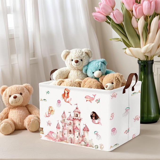 ASKETAM Cute Rectangle Baby Girl Gift Basket Toy Storage Bin Nursery Playroom Bedroom Decor (Pink Castle)