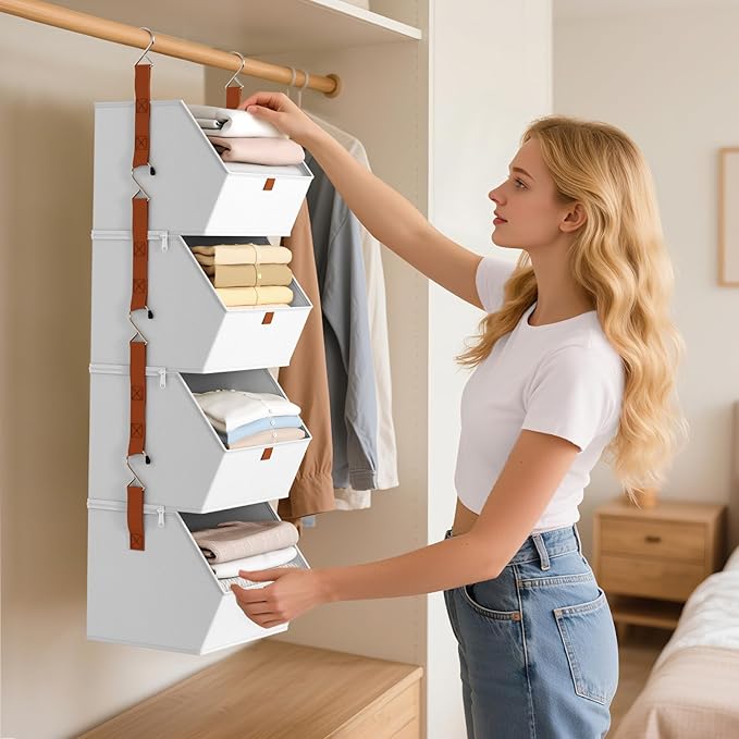 Homsorout Hanging Closet Organizer 4 Tier - Clothes Hanging Shelves, Space-Saving Closet System, Fabric Storage Bins Bedroom Organization, Collapsible Baskets for Home, Dorm, Rv, White