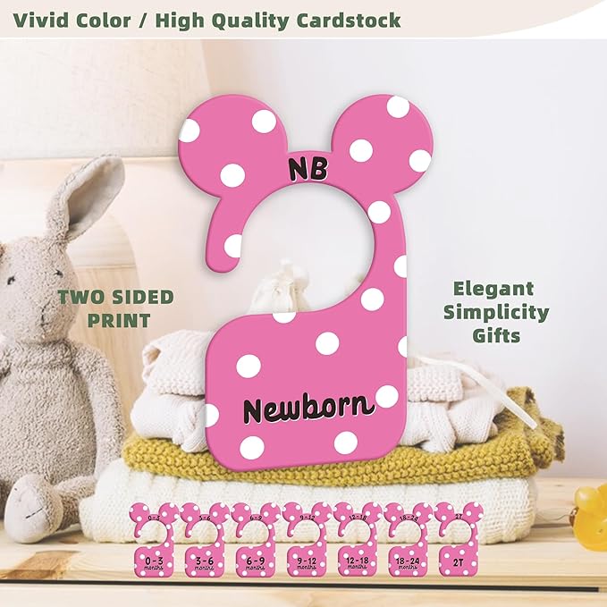 JMOST Girl Baby Closet Dividers for Nursery Closet Organizer, Newborn to 24 Months Size Clothes, Cute Pink Hangers with Size Dividers, Double Sided