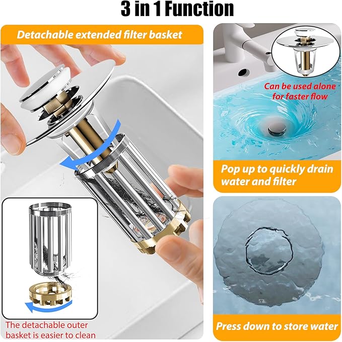 Bathroom Sink Drain Strainer, 2PCS 3 in 1 Pop Up Bathroom Sink Stopper with Removable Brass Basket Hair Catcher, Universal Sink Plug for 1.06 to 1.6in Drain Hole, Chrome Silver