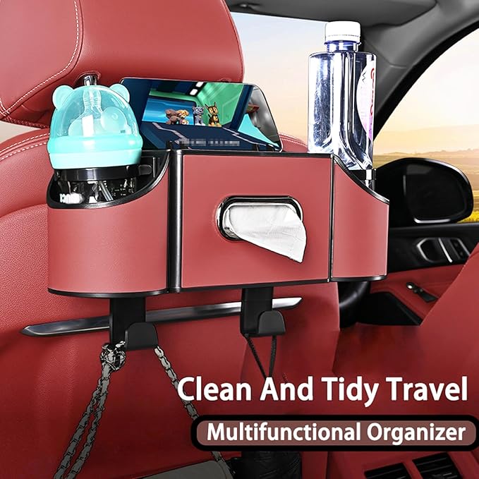 Back Seat Car Organizer,4 in 1 Multifunctional Car Back Seat Storage Box with Drink Cup Holder Tissue Box, for Hold Phone,Snacks, Drinks, Handbag-Red