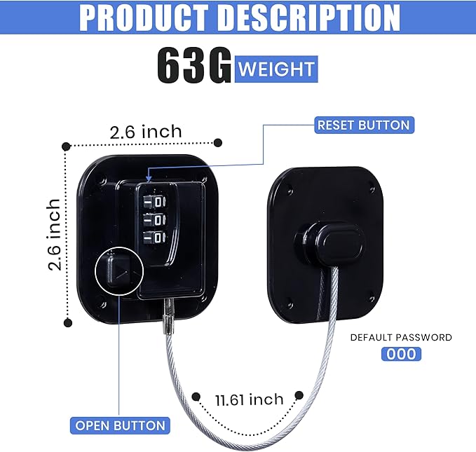 Refrigerator Lock - 2 Pack Cabinet Locks with Strong Adhesive, ABS Plastic & Steel Cable, 3 Digit Combination Code Locks for Fridge, Cabinets, Closets & Drawers Easy to Install No Keys Needed (Black)
