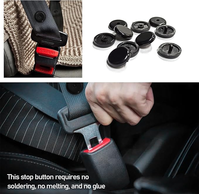 10 Sets Seat Belt Button Stop, Snap-On Plastic Seatbelt Stopper Clip Prevent Seat Belt Buckle from Sliding Down, No Welding Seat Belt Stop Kit, Universal Car Accessories (Black)
