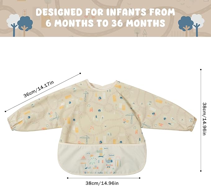 Little Dimsum Mess-Proof Baby Bibs|Infant Toddler Long Sleeve Waterproof Feeding Smock|Catching Food & Wipe Clean