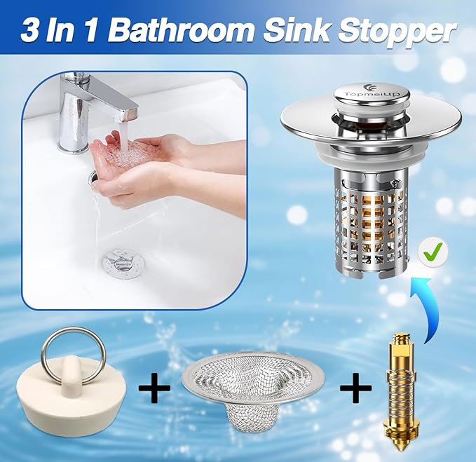Sink Stopper Hair Catcher, Pop-up Sink Drain Strainer with Removable Stainless Steel Strainer Basket Hair Catcher, Bathroom Sink Strainer for Bathroom Sink Stopper Replacement(NEW-2PCS)