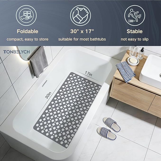 TONBELYCH Non Slip Bath Mat for Shower & Bathtub - 30x17 Inch with Strong Suction Cups and Drain Holes, Quick-Dry, Machine Washable Floor Mat for Elderly, Kids & Pets