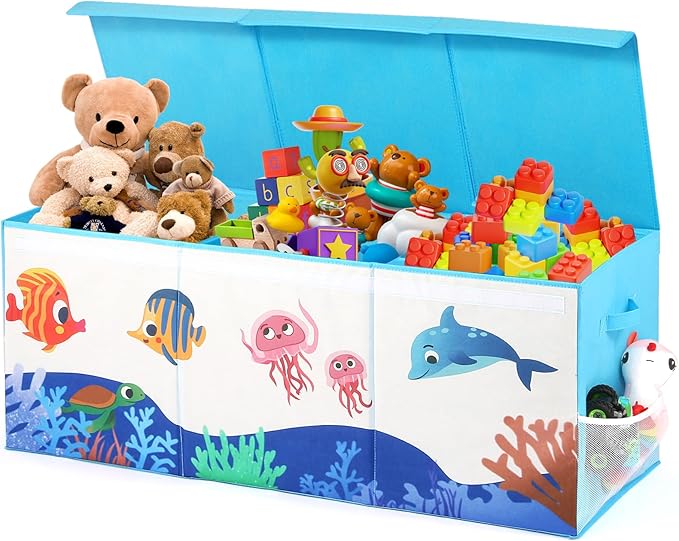 Dqoetort Extra Large Toy Box, Collapsible Storage Organizer with Lids, Sturdy Ocean Toy Chest for Boys Girls, 40"x14"x16" Kids Storage Bin Box Baskets for Living Room, Playroom, Bedroom, Nursery