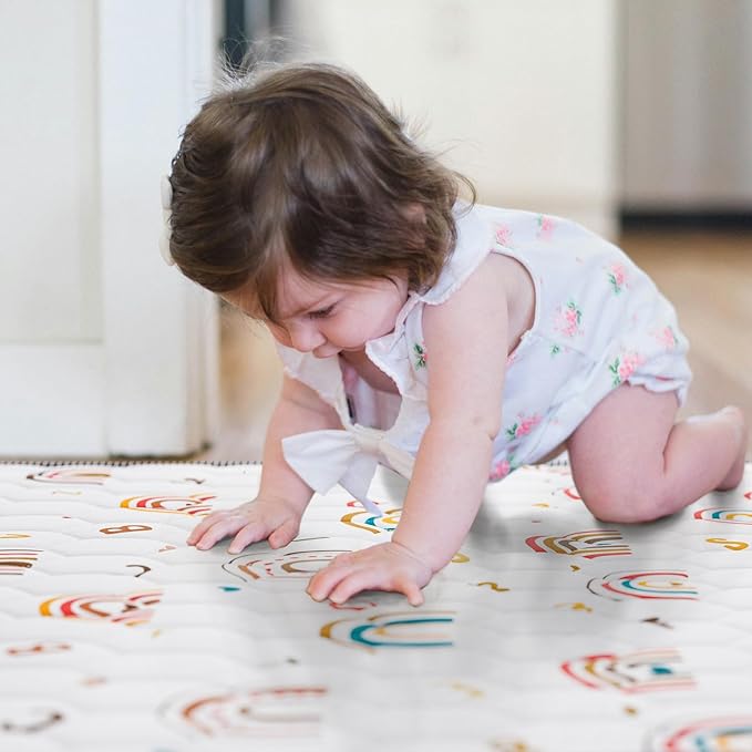 Boho Rainbow Baby Play Mat 71" X 59" Non-Slip Cushioned Baby Crawling Mat Letter Playmats, Kids Play Mats Pad for Floor Play Pen Infants Tummy Time Activity (White)