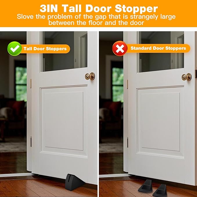 2 Pack Strongest Metal Heavy Duty Door Stop, Large Door Stoppers with Adjustable Spring, Tall Door Wedge up to 3 inch, Door Stoppers for Bottom of Door, Black Rubber Door Stops for Floor Wall