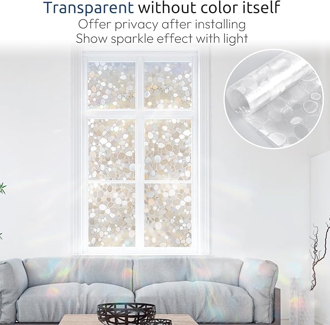 rabbitgoo Window Privacy Film, Decorative Rainbow Window Clings for Glass Covering, Static Cling Non Adhesive Door Stickers UV Blocking, Stained Glass Vinyl Decal, 3D Pebble, 17.5 x 78.7 inches