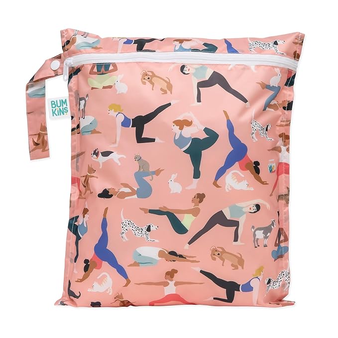 Bumkins Waterproof Wet Bag for Baby, Travel, Swim Suit, Cloth Diapers, Pump Parts, Pool, Beach, Gym Clothes, Toiletry, Hook to Stroller, Daycare, Zipper Reusable Wetdry Packing Pouch, Yoga Pals