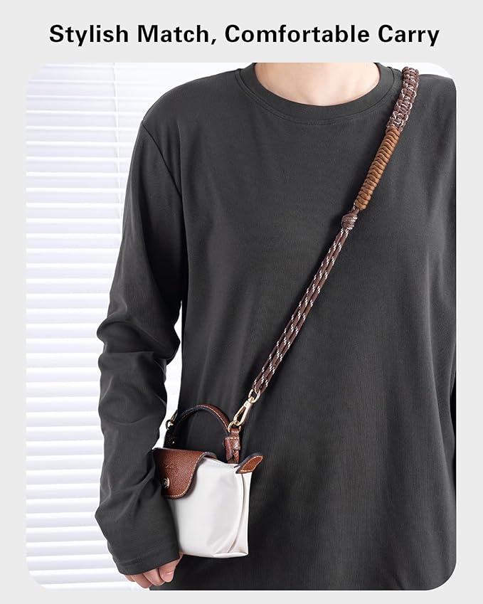 Handwoven Adjustable Shoulder Strap & Mini Bag Organizer Set for Longchamp Mini Bag, Includes Inner Liner & Strap, No-Punch Design – Brown & Black