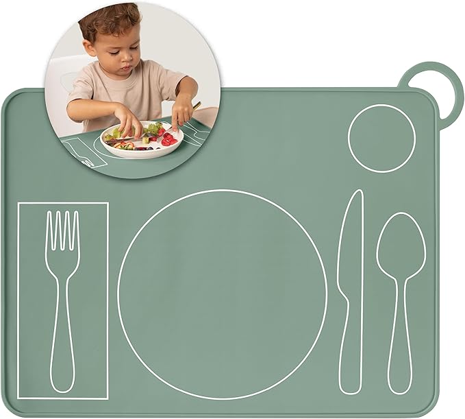 Kids Silicone Montessori Placemat for Toddlers | Children Plate Mat for Dining Table Setting | by Fire Rooster Kids (Green, 2)