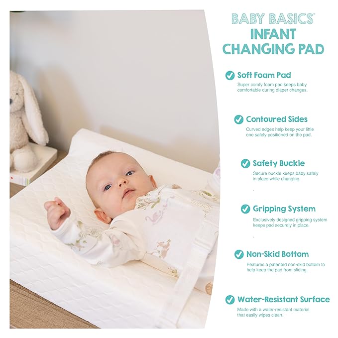Regalo Baby Basics Changing Pad with Non-Slip Grip System, Waterproof Diaper Changing Pad for Dresser or Changing Table, Contoured Infant Changing Pad with Safety Strap, White