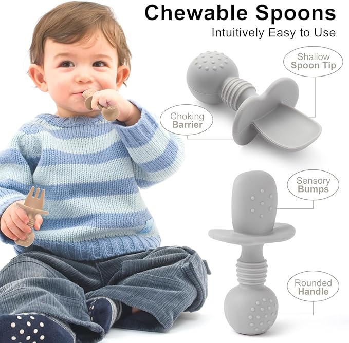 Eascrozn Silicone Baby Feeding Set, 2 Pack Divided Baby Plates with Suction, 2 Pack Spoons and Forks Set, BPA Free, Baby Led Weaning Supplies for Toddler Utensils Baby Feeding Essentials