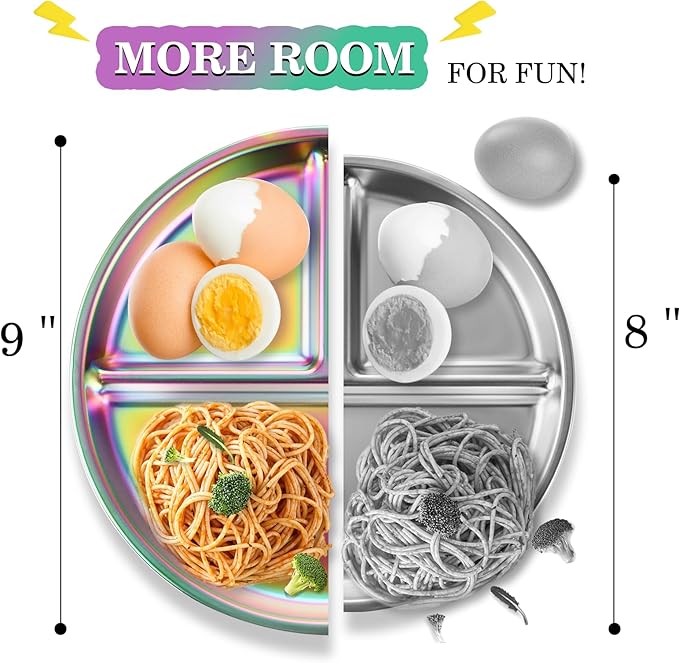 Bakpoco 9" Stainless Steel Toddler Plates Set of 6, Divided Plate for Kids & Baby, Non Toxic Unbreakable Dishes Dinnerware Adults Portion Control Snack Container, Colorful Meal Time Chums