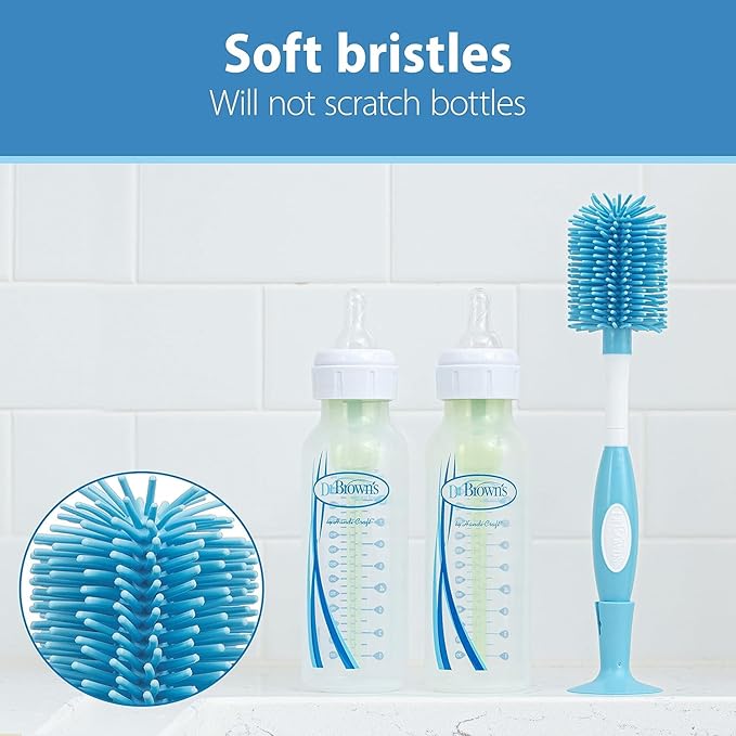 Dr. Brown's Soft Touch No Scratch Baby Bottle Cleaning Brush, Nipple Cleaner & Suction Cup Base for Easy Storage, BPA Free, Blue (Pack of 5)