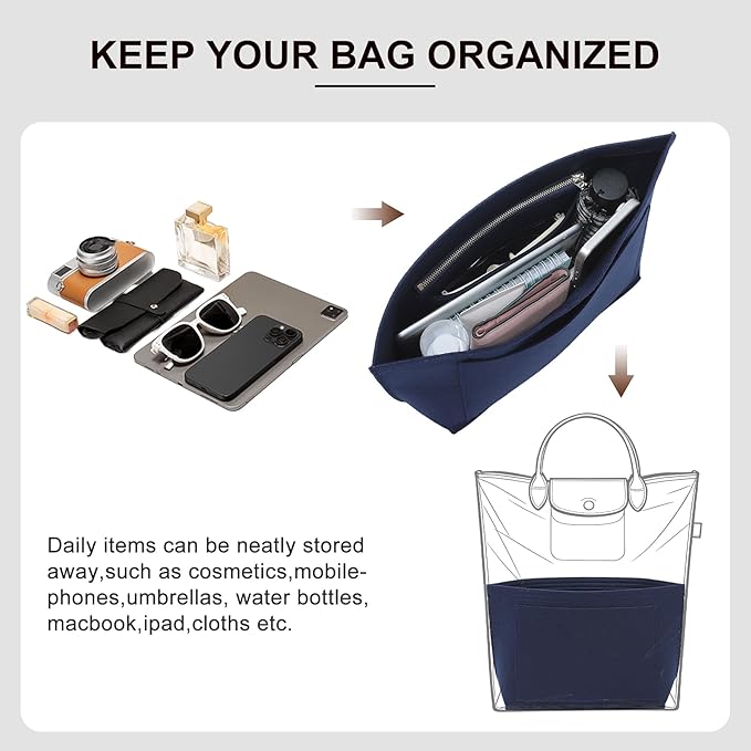 Premium Felt Purse Organizer Insert for Longchamp Le Pliage M Top Handle Tote Bag, Lighweight Long Champ Medium Tote Divider with Zipper Pocket,Bags Storage Shaper with 7 Pockets, Blue/SM