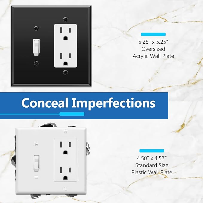LIDER Reflective Acrylic Combination Wall Plate, Mirrored Double Switch Plate, Combo Toggle Switch and Decorator Outlet Cover, Acrylic Glass, Oversized 2-Gang 5.25" x 5.25", LWP-1131O-ABK, Black