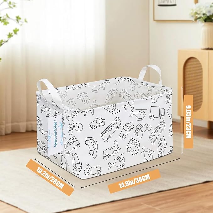 LANGYASHAN Rectangular Storage Bin Collapse Canvas Fabric Cartoon Storage Basket with Handles for Organizing Home Kitchen Boys and Girls Toys Office Closet Shelf Baskets (Rec Vehicle)