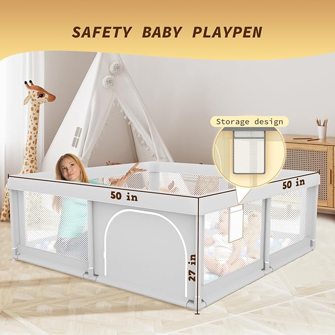 Besuhot Baby Playpen for Toddler, Large Playpen for Babies 50" × 50" Baby Fence Playards, Kids Safety Play Pen Area for Indoor & Outdoor (Grey)