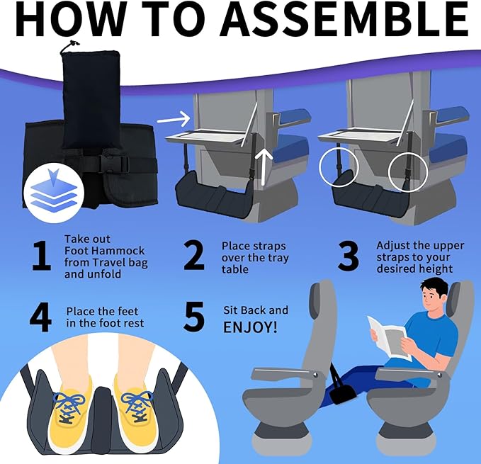 2-Piece Upgraded Airplane Footrest Hammock - Large Memory Foam Support & Adjustable Straps, Travel Essential