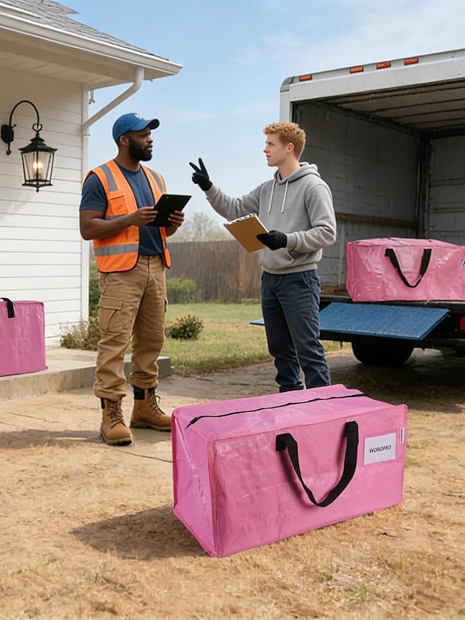 WORKPRO 10 Pack Extra Large Moving Bags with Zippers & Carrying Handles Backpack Straps, Heavy-Duty Storage Tote for Space Saving Moving Storage (Pink)